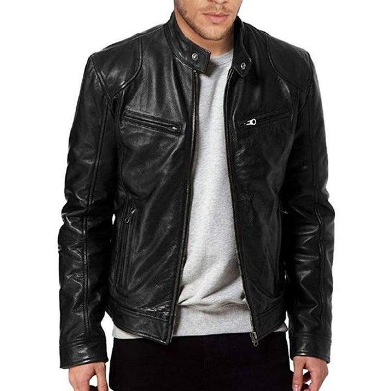 Blouson à Col Motard en Cuir