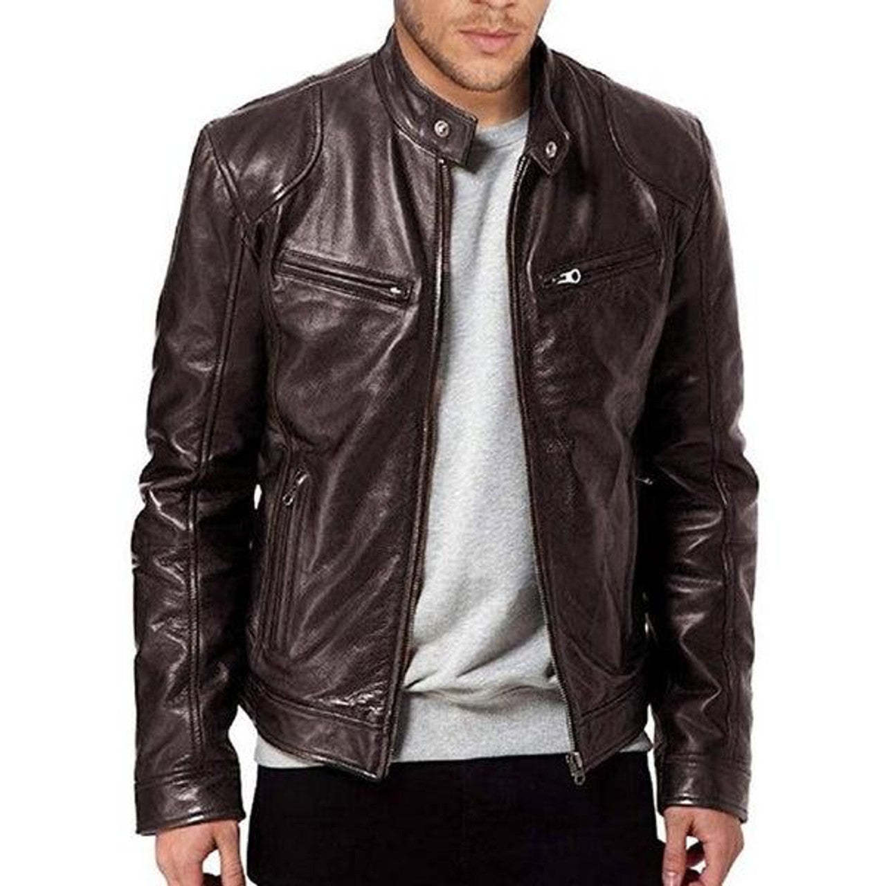 Blouson à Col Motard en Cuir